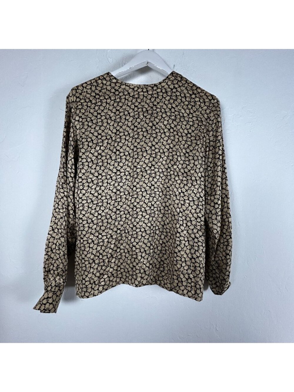 Anne Klein Womens 100% Silk Floral Print Long Sleeve Blouse Medium Black & Gold